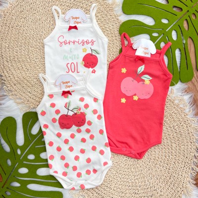 Kit 3 Peças - Bodys Regata Sorrisos e Muito Sol - Off White e Cereja